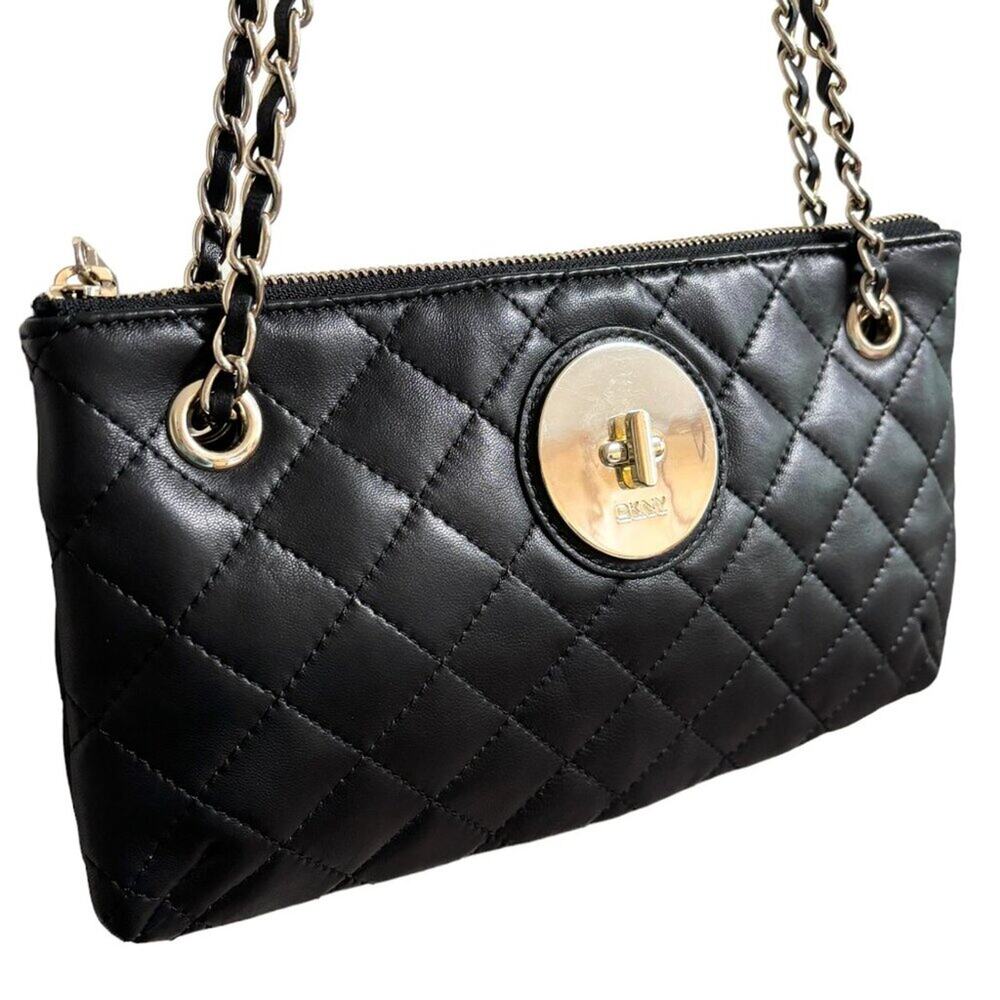 DKNY Black Leather Quilted Convertible Shoulder Bag or Crossbody Bag Chain Strap